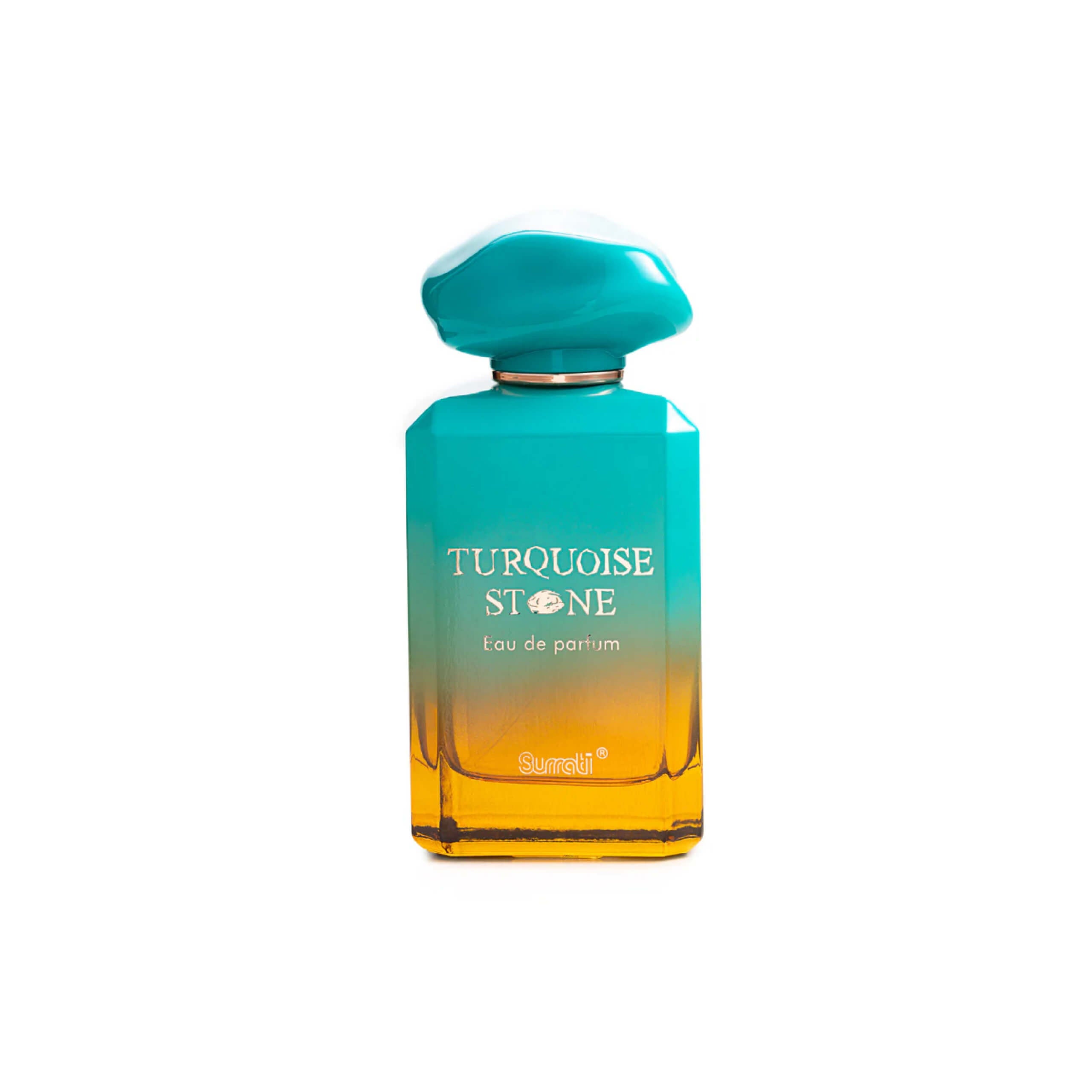 SURRATI – TURQUOISE STONE unisex parfumflacon op witte achtergrond met amandel, bergamot en kokos – een zonnige en elegante geur met bloemige warmte
